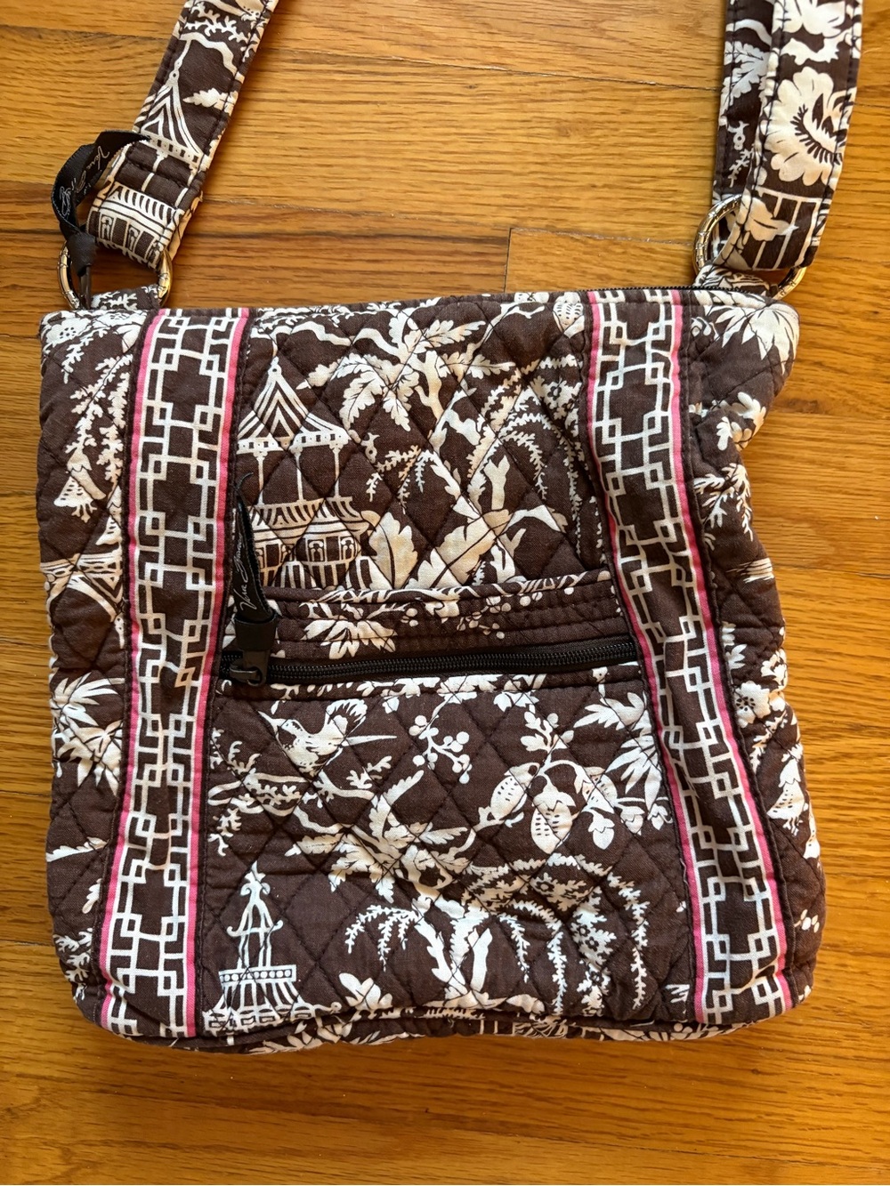 Vera Bradley Imperial Toile Crossbody Bag in Brown, Cream and Pink Trim